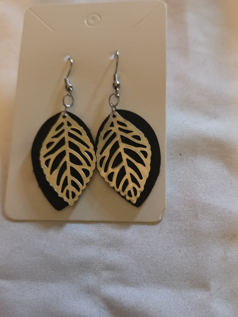 Silver Leaf Filigree Drop Earrings with Black Backing